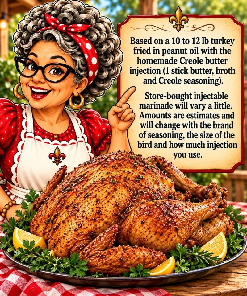 Whole fried turkey with Creole butter injection seasoning on a platter with lemon and parsley