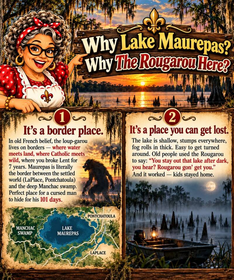 Why the Rougarou legend is tied to Lake Maurepas explaining its border location and easy-to-get-lost swamp terrain