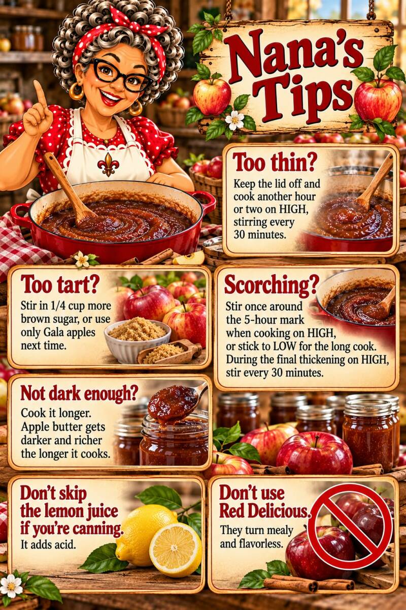 Nana's tips for fixing common apple butter problems like thin texture, tartness, scorching, and color