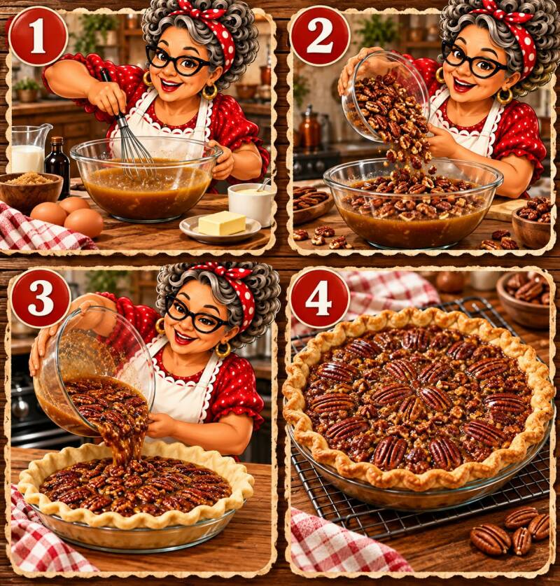 Step-by-step photo collage for making pecan pie from mixing filling to baked finished pie