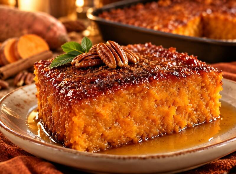 Sweet potato pone square topped with pecans and mint, with full baking pan in background