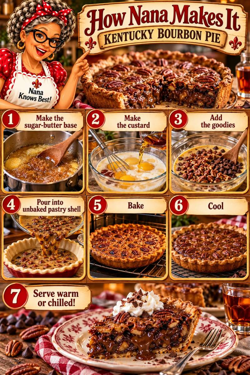 Step-by-step photo collage for making Kentucky bourbon pie from sugar-butter base to baked pie