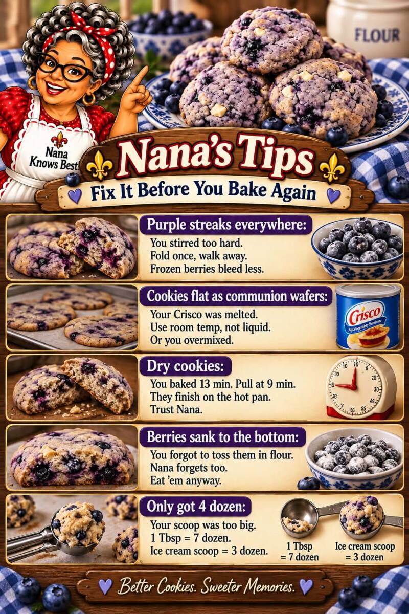 Nana's tips for fixing common blueberry cookie problems like purple streaks, flat cookies, and dry texture