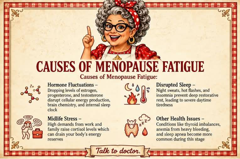 Causes of menopause fatigue infographic covering hormone fluctuations, disrupted sleep, stress, and health issues