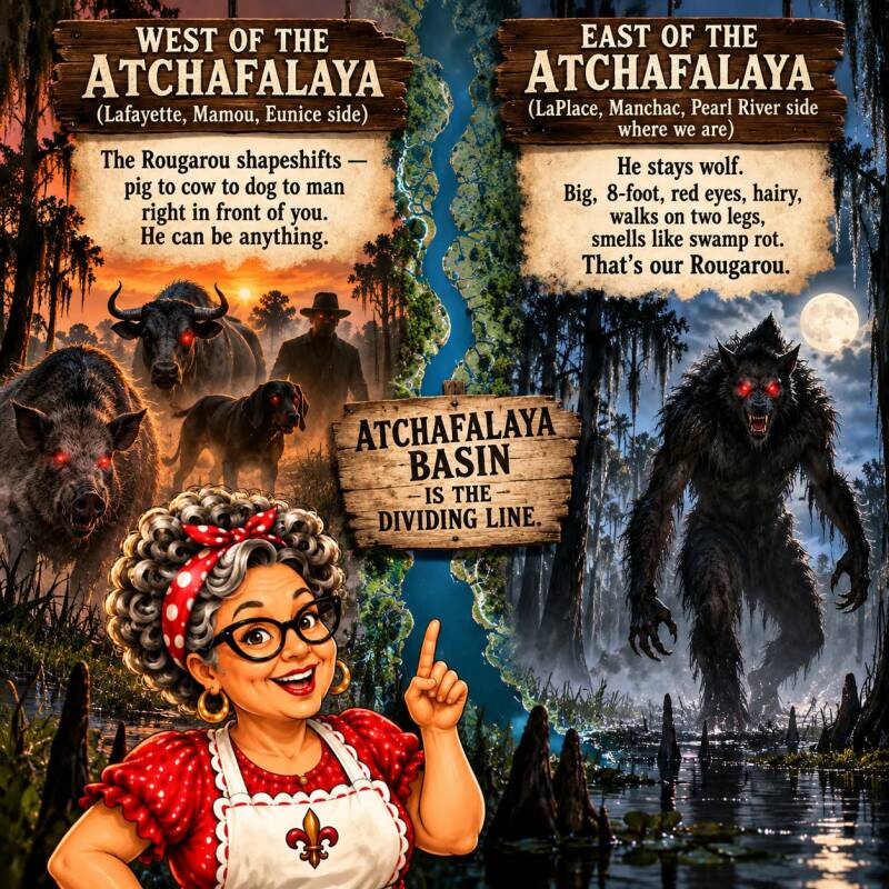Comparison graphic of Rougarou legend differences west and east of the Atchafalaya Basin dividing line