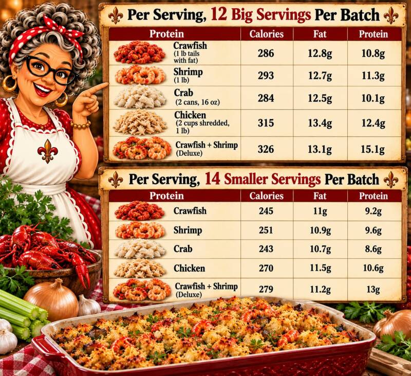 Eggplant dressing nutrition comparison by protein choice showing calories, fat, and protein for crawfish, shrimp, crab, and chicken