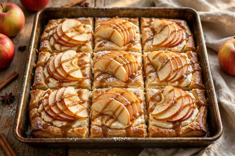 Close-up of apple cream cheese tart squares with fanned apple slices and caramel drizzle