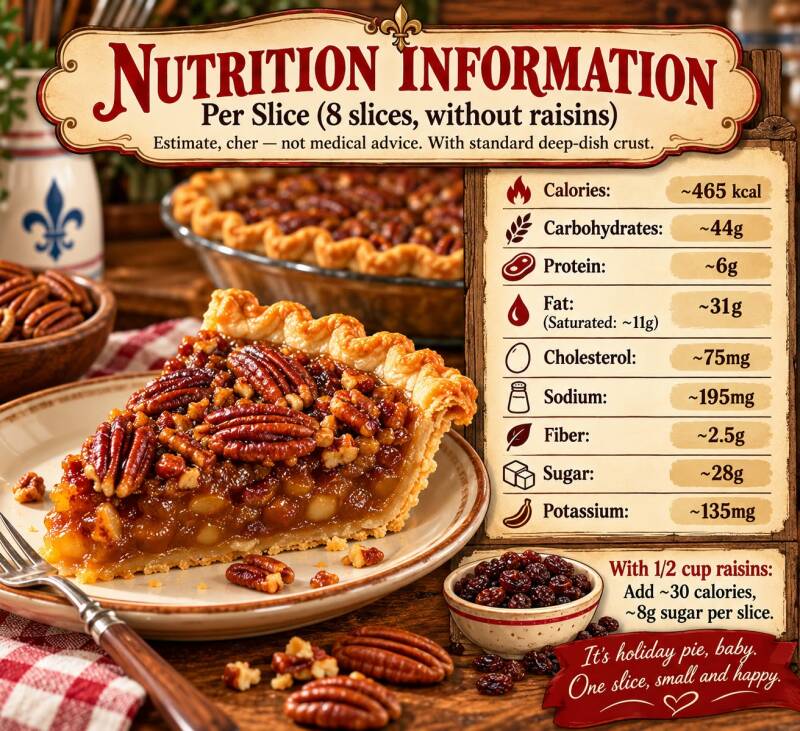 Pecan pie nutrition information per slice including calories, sugar, and fat, with raisin addition note