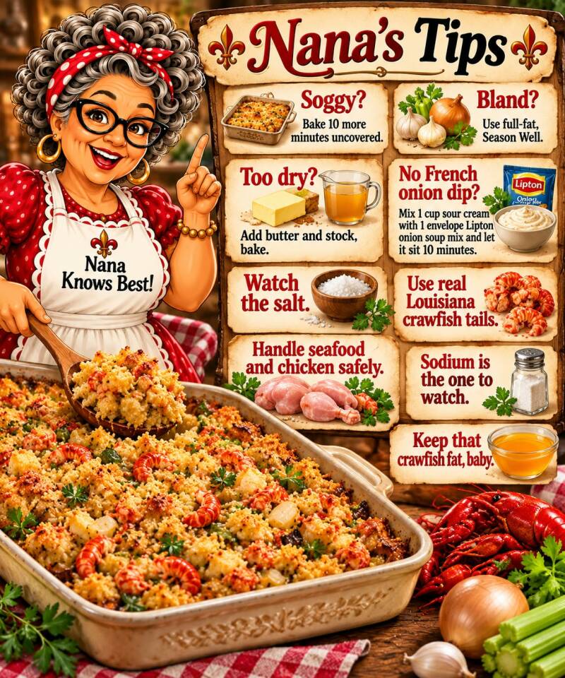 Nana's tips for fixing common eggplant dressing problems like sogginess, blandness, dryness, and seafood safety