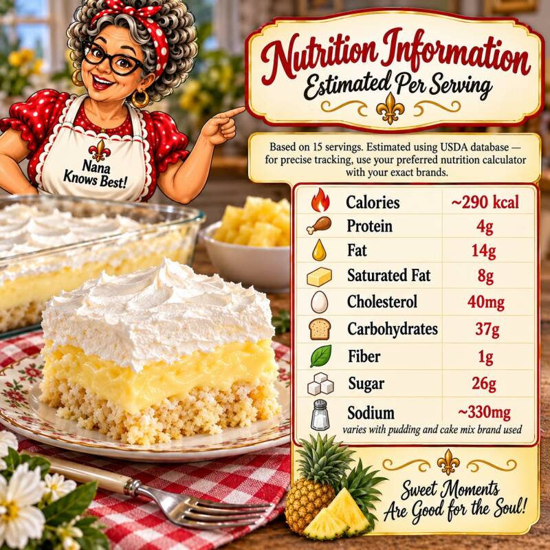 Nana's church cake nutrition information per serving including calories, sugar, and fat