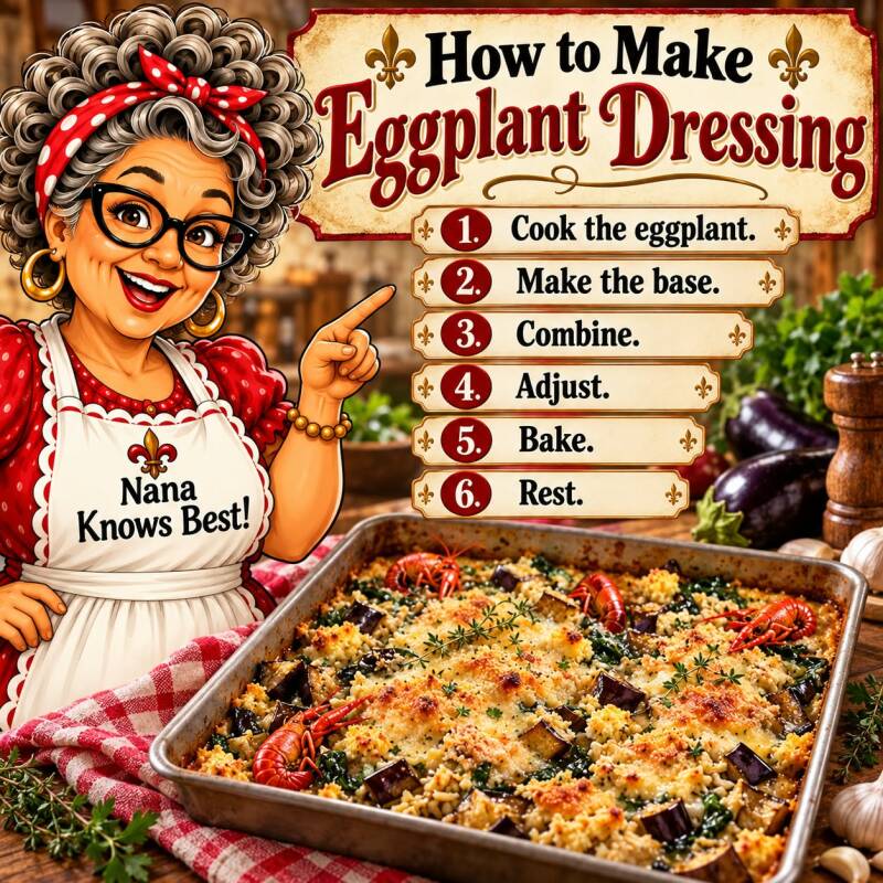 Step-by-step guide for making Cajun eggplant dressing from cooking eggplant to resting