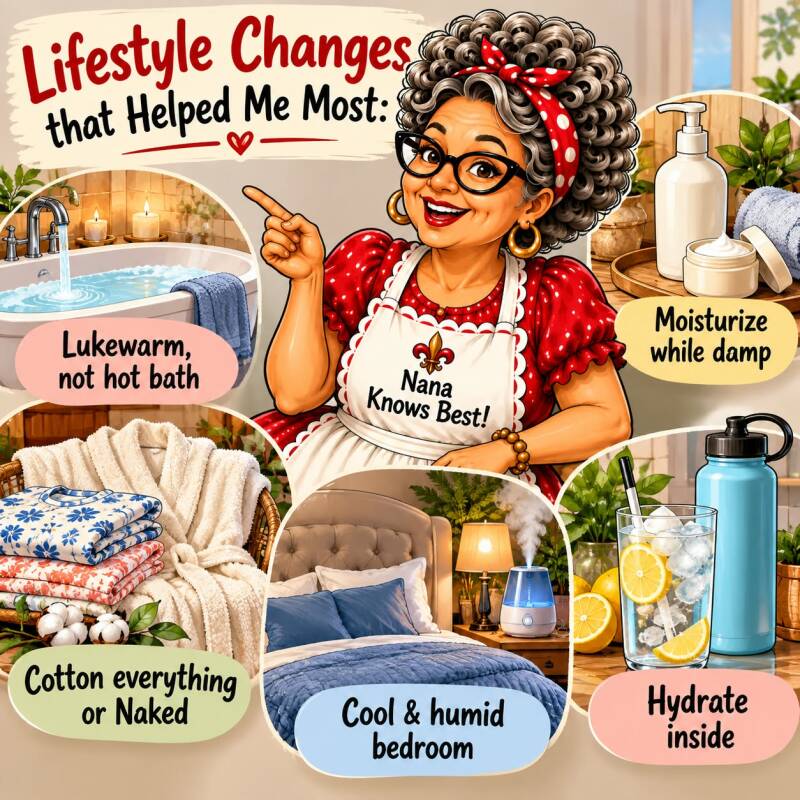 Lifestyle changes for night time itching including lukewarm baths, moisturizing, cotton fabrics, cool bedroom, and hydration