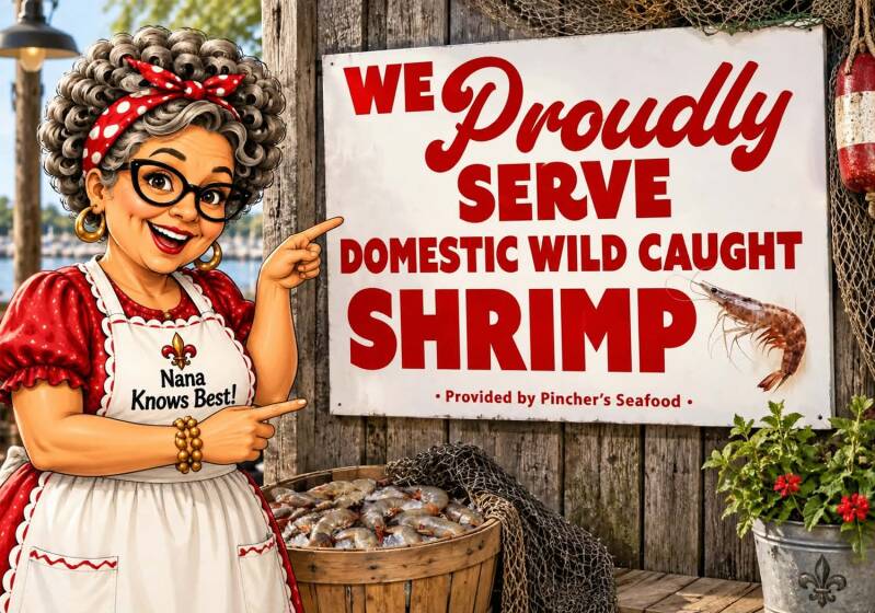 Nana pointing to a sign for domestic wild-caught shrimp from Pincher's Seafood