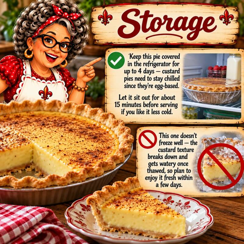 Cajun custard pie storage instructions for refrigerating and why it doesn't freeze well
