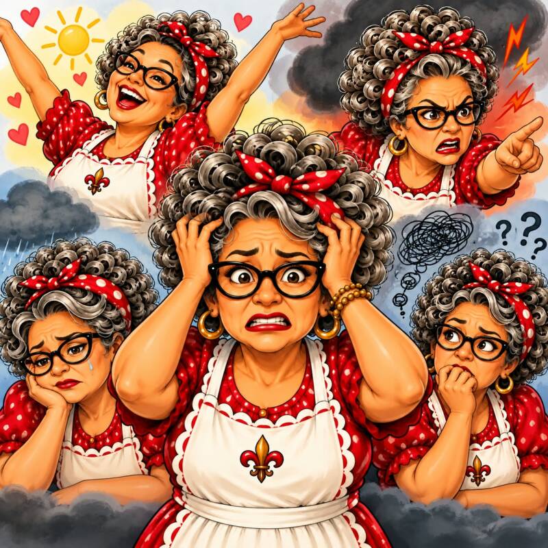 Collage showing a range of mood swing emotions including joy, anger, sadness, confusion, and anxiety