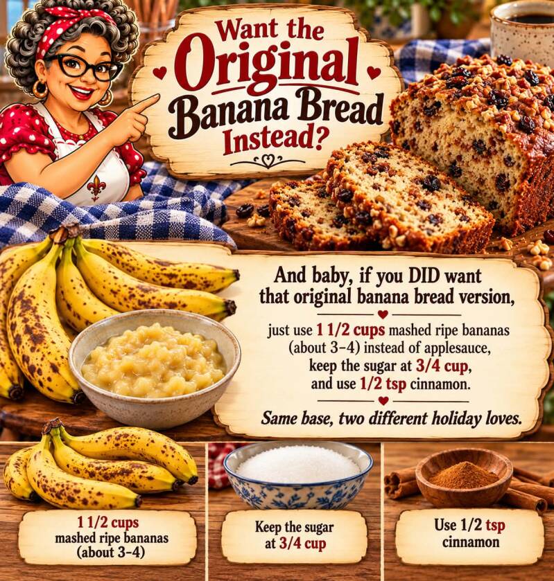 Recipe substitution graphic for turning cinnamon raisin quick bread into original banana bread using mashed bananas