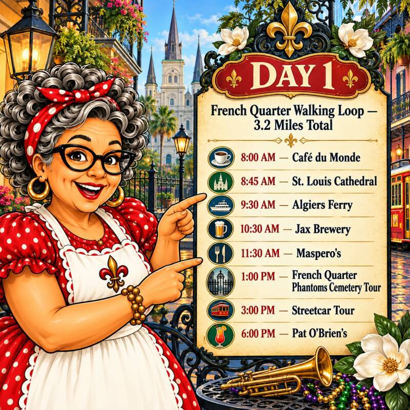 Day 1 New Orleans French Quarter walking loop itinerary with times for Café du Monde, St. Louis Cathedral, and other stops