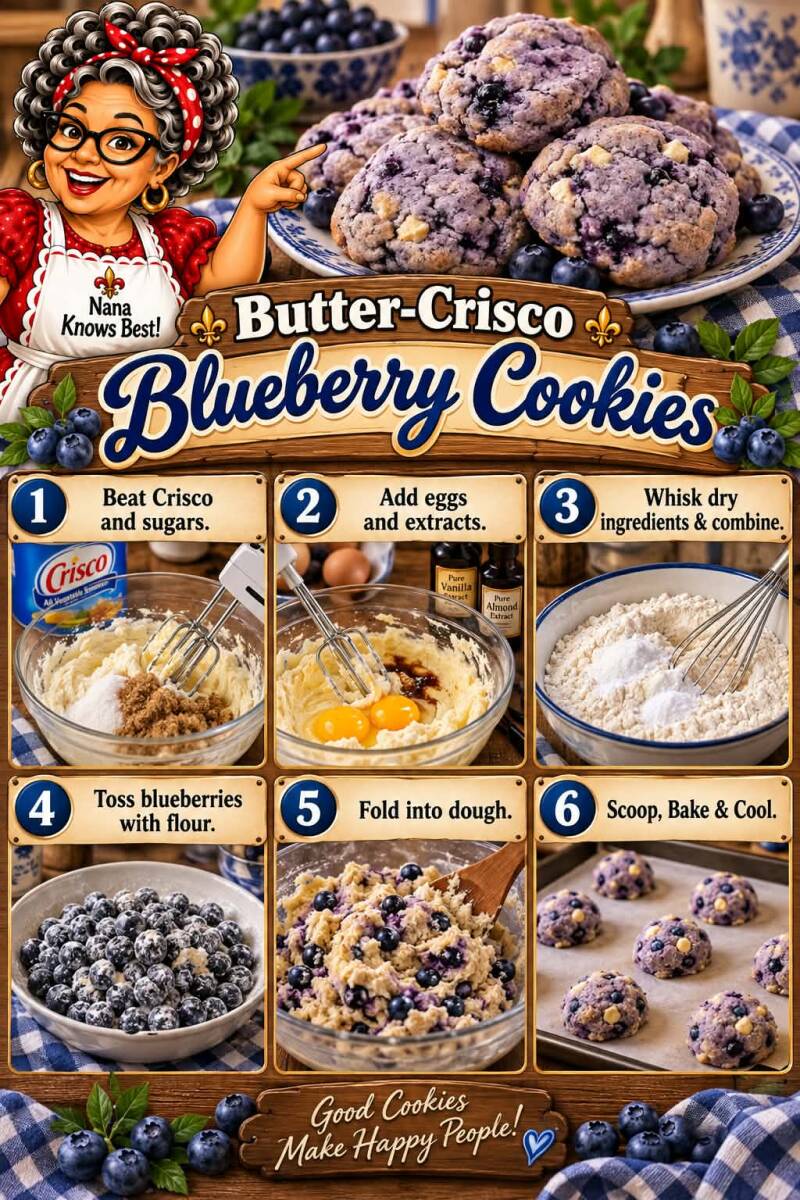 Step-by-step photo collage for making butter Crisco blueberry cookies from mixing dough to baking