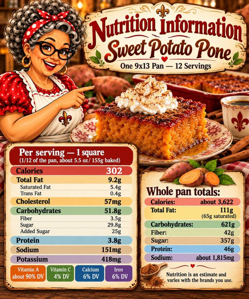 Sweet potato pone nutrition information per serving and whole pan totals including calories, sugar, and vitamin A