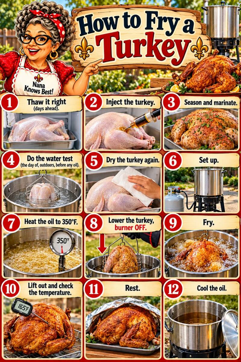 Step-by-step photo collage for frying a turkey from thawing to resting