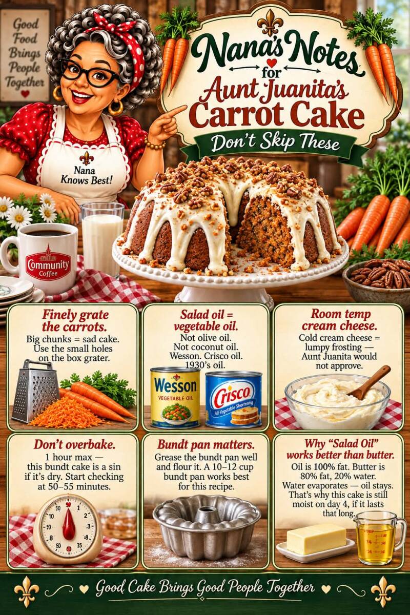 Infographic: Nana's tips for Aunt Juanita's carrot bundt cake, from grating to baking