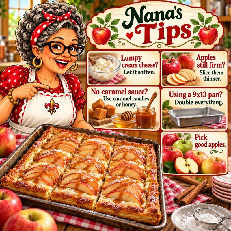 Nana's tips for fixing common apple tart problems like lumpy cream cheese, firm apples, and pan size