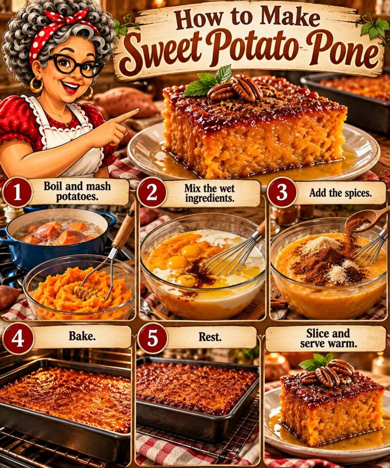 Step-by-step photo collage for making sweet potato pone from mashing potatoes to serving