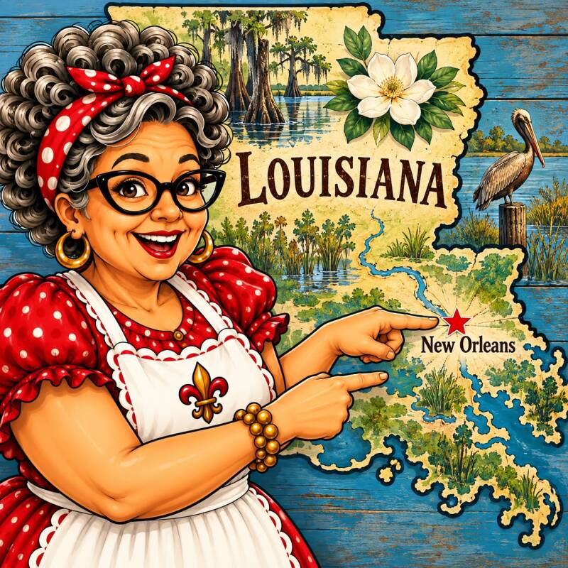 Map of Louisiana with New Orleans marked, featuring cypress trees, magnolia, and a pelican