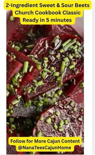 Close-up of glossy sweet and sour beet slices coated in tangy dressing and topped with chopped green onions, 2-ingredient church cookbook side dish ready in 5 minutes from NanaTee's Cajun Home