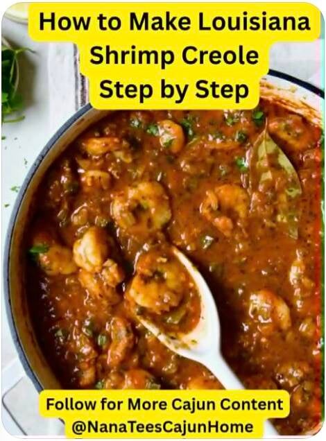 Louisiana shrimp creole in white Dutch oven with rich tomato roux gravy, plump Gulf shrimp, bay leaf, and parsley, served with white rice and lemon wedges, old church cookbook recipe from NanaTee's Cajun Home