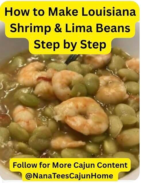 White bowl of Louisiana shrimp and lima beans with creamy brown gravy, tender Gulf shrimp, and large butter beans, vintage church cookbook recipe from NanaTee's Cajun Home