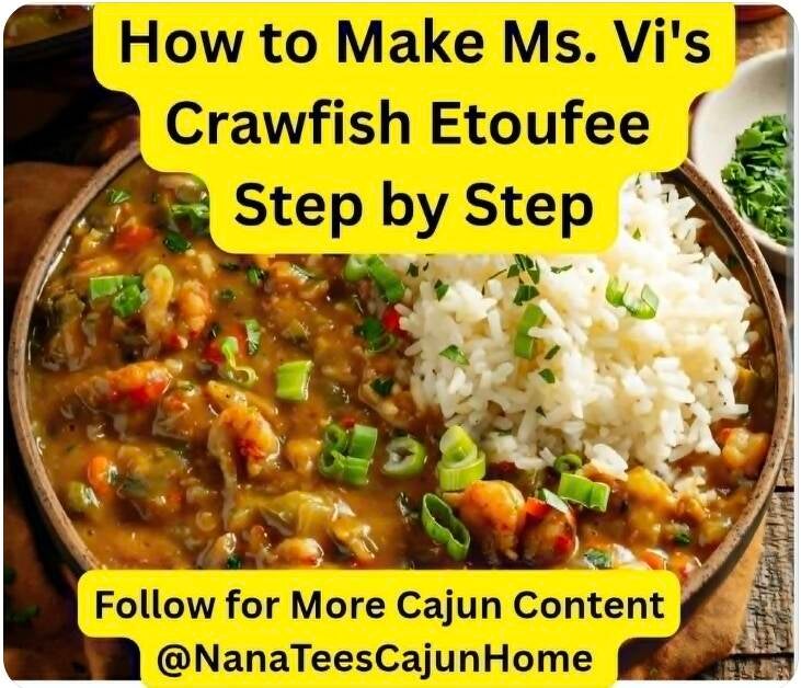 Rustic bowl of Louisiana crawfish etouffee with rich brown gravy, whole crawfish tails, trinity vegetables, and green onions served with white rice, church cookbook recipe from NanaTee's Cajun Home