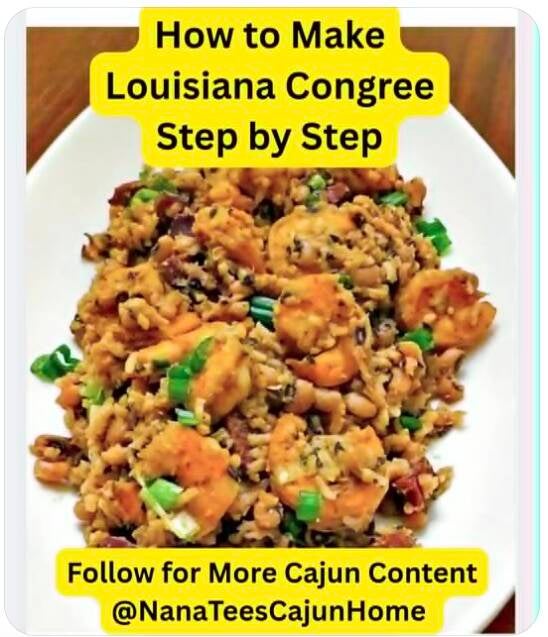 White platter of Louisiana congree with Gulf shrimp, crowder peas, browned rice, and green onions, Manchac cookbook recipe from NanaTee's Cajun Home