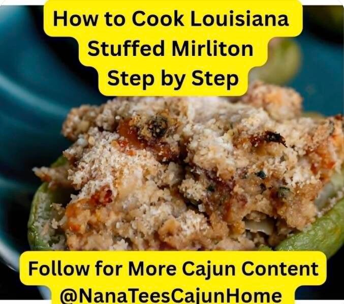 Close-up of Louisiana stuffed mirliton with golden bread crumb topping, shrimp, ham, and herbs baked in green squash shell on teal plate, church cookbook recipe from NanaTee's Cajun Home