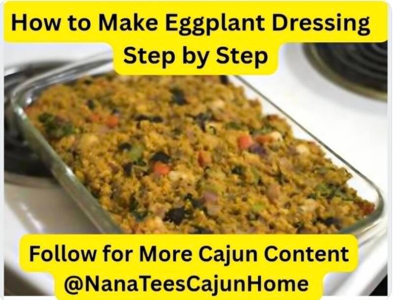 Glass casserole dish of Louisiana eggplant dressing with crawfish tails, cornbread crumbs, spinach, and melted cheese, golden brown baked church cookbook recipe from NanaTee's Cajun Home
