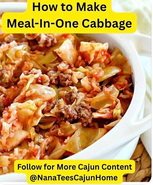 White casserole dish of Meal in One Cabbage with tender cabbage wedges, ground beef, rice, and tomato sauce, 5-generation Cajun recipe from NanaTee's Cajun Home