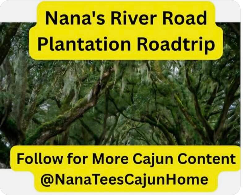 Road covered with oak trees captioned "Nana’s River Road Plantation Roadtrip"