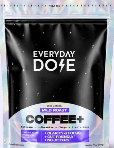 Everyday Dose Coffee+ mushroom coffee bag, medium roast 100% Arabica with collagen, L-theanine, chaga, lion’s mane, for clarity focus gut health no jitters, $10 discount, @NanaTeesCajunHome