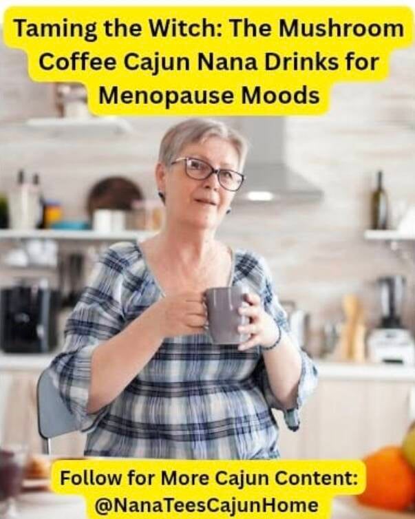 Older woman in blue plaid shirt holding coffee mug in kitchen with text overlay Taming the Witch: The Mushroom Coffee Cajun Nana Drinks for Menopause Moods, Follow @NanaTeesCajunHome