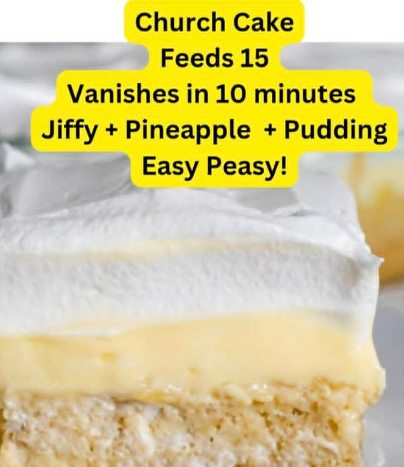 Slice of church cake showing layers of Jiffy banana cake base, crushed pineapple, creamy vanilla pudding cream cheese filling, and fluffy Cool Whip topping on white plate, make ahead potluck dessert from NanaTee's Cajun Home