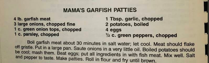 Vintage recipe card for Mama’s Garfish Patties listing 4 lb garfish meat, onions, parsley, potatoes, eggs, garlic, green peppers in memory of Grandma Laura, Manchac Louisiana Cajun recipe