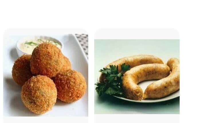Split image showing Cajun boudin balls vs boudin links. Left: Golden brown fried boudin balls. Right: Three steamed boudin sausage links in natural casing on a white plate. Louisiana gas station boudin from I-10 Boudin Trail, @NanaTeesCajunHome