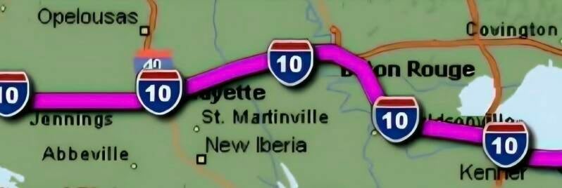 Map of Nana's I-10 Boudin Trail across Louisiana showing Interstate 10 route highlighted in purple from Jennings through Lafayette, Baton Rouge to Kenner. Cities marked include Opelousas, Abbeville, St. Martinville, New Iberia.