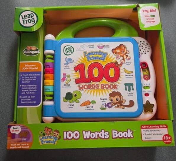 LeapFrog Learning Friends 100 Words Book bilingual English Spanish toy in green box. Touch-and-learn pages teach vocabulary, colors, Spanish. Light-up star plays songs. Educational gift for grandkids age 18 months+, @NanaTeesCajunHome