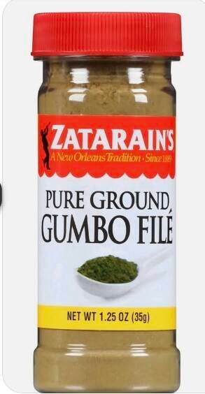 Zatarain's Pure Ground Gumbo File jar with red lid. 1.25 oz container of green sassafras powder used to thicken and flavor Louisiana gumbo. A New Orleans tradition since 1889.