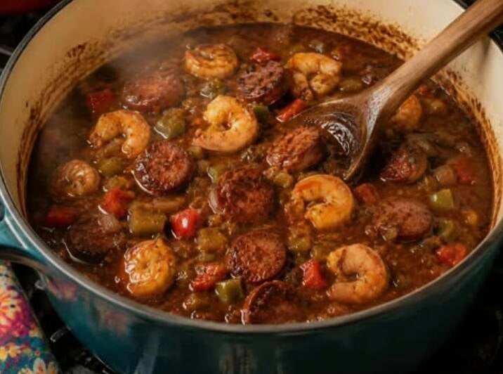 Steaming pot of Aunt Corrine’s Louisiana shrimp and sausage gumbo with dark roux, okra, bell peppers, and onions. Wooden spoon stirring homemade Manchac-style seafood gumbo in a blue Dutch oven.