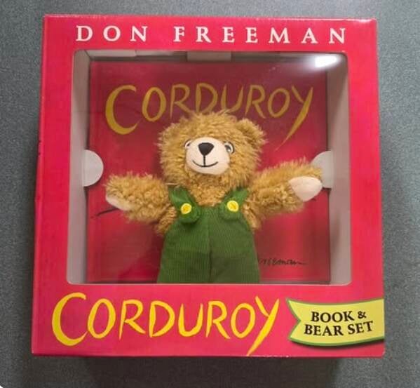 Corduroy Book & Bear Set by Don Freeman in red box. Includes Corduroy book and plush teddy bear in green corduroy overalls. Educational gift set for grandkids ages 2-6 teaches empathy and literacy, @NanaTeesCajunHome