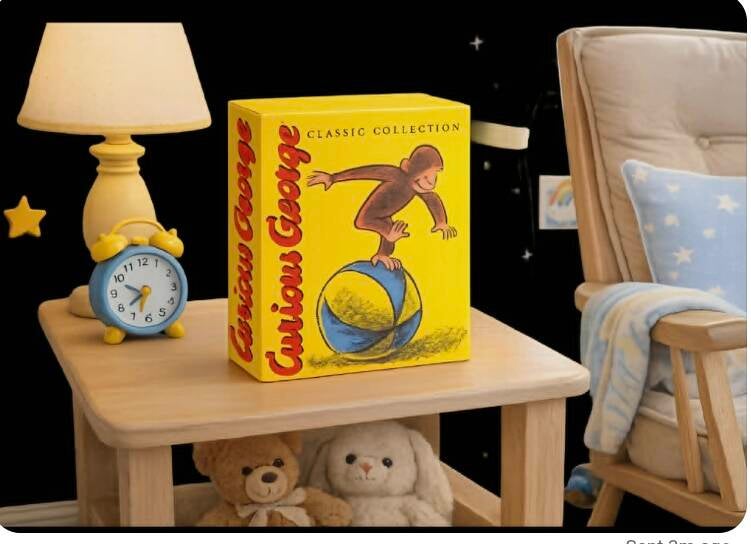 Bedtime routine for grandkids with Curious George books, yellow lamp, blue alarm clock, and stuffed animals by rocking chair