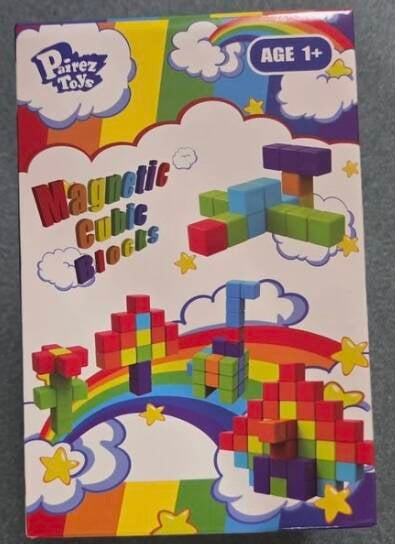 Pairez Toys Magnetic Cubic Blocks box for age 1 and up. Colorful package shows magnetic cube blocks built into airplane, tree, flower, giraffe, and rainbow shapes. STEM educational toy gift for grandkids teaches building and colors, @NanaTeesCajunHome