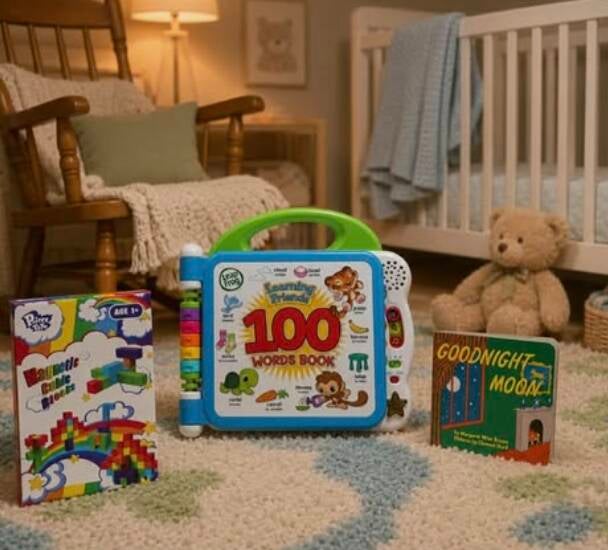 Toddler learning toys in nursery: LeapFrog 100 Words Book, magnetic cubic blocks, Goodnight Moon board book with rocking chair and crib in Pearl River Louisiana home